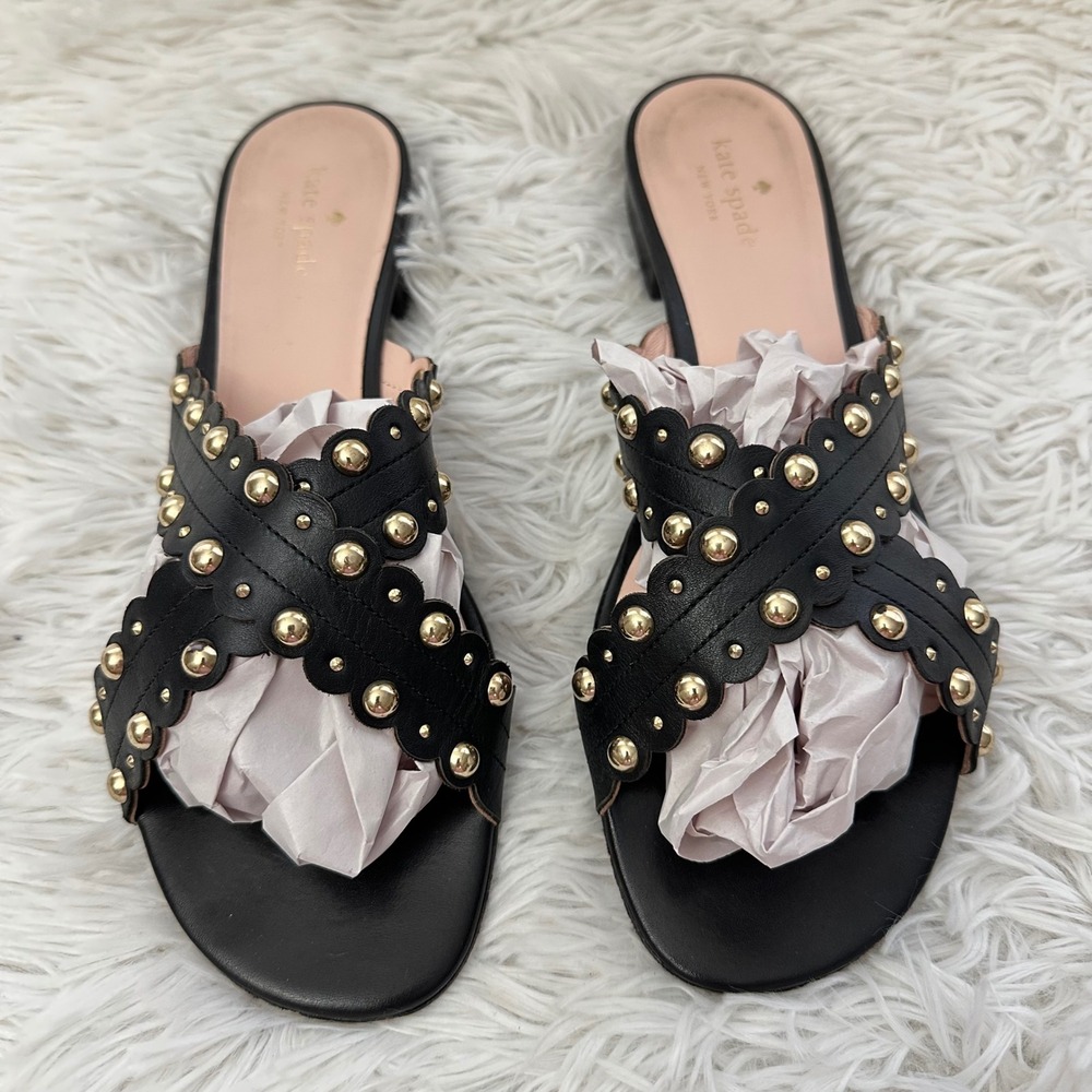 Kate Spade Faye Cross Strap Studded Leather Sandals in Black sz 9.5 M - Picture 2 of 7